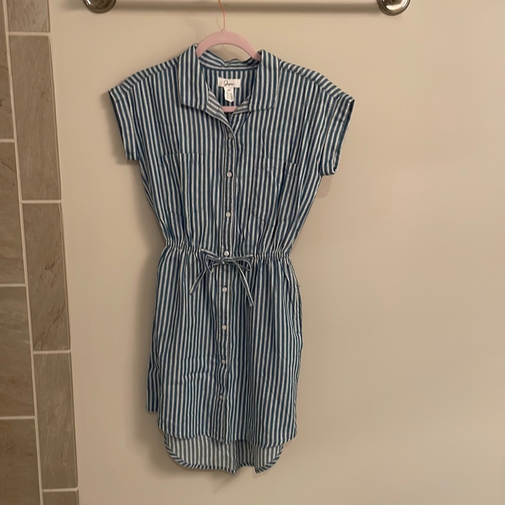 Linen Pinstripe Button-Up Drawstring Dress